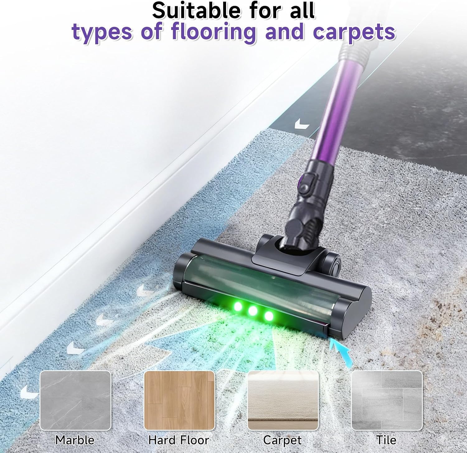 Cordless Vacuum Cleaner, Hardwood Floor Vacuum Cleaners for Home, Stick Wireless Vacuum with LED Light, 50 Min Runtime and Self-Standing, Lightweight Vacuum for Pet Hair, Carpets & Hard Floors