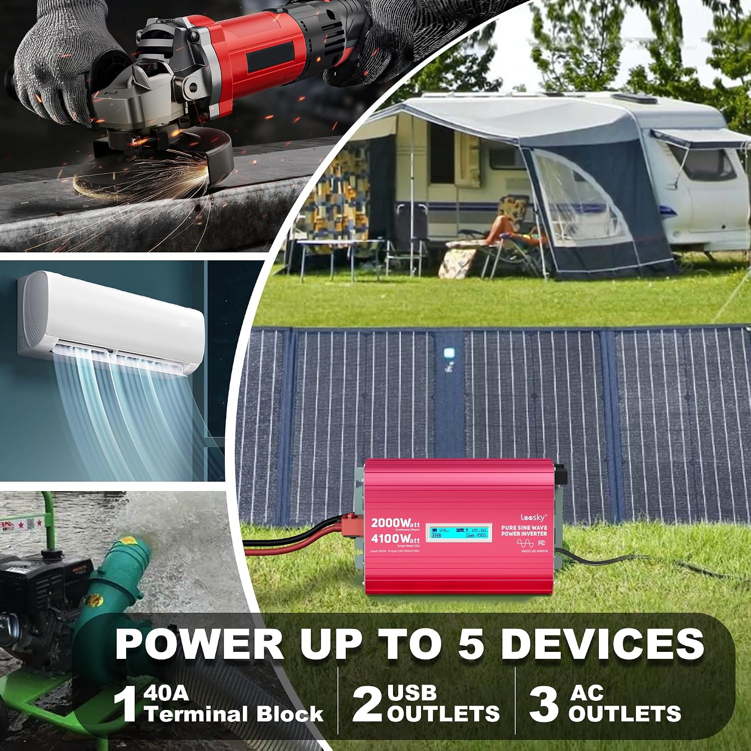 2000 Watt Pure Sine Wave Inverter 12V to 110V 120V AC 4100W Surge Peak Power for 2s Remote Control PD36W USB-C Compatible with Lithium Battery Starlink for Off-Grid Solar System RV Car Home LEESKY