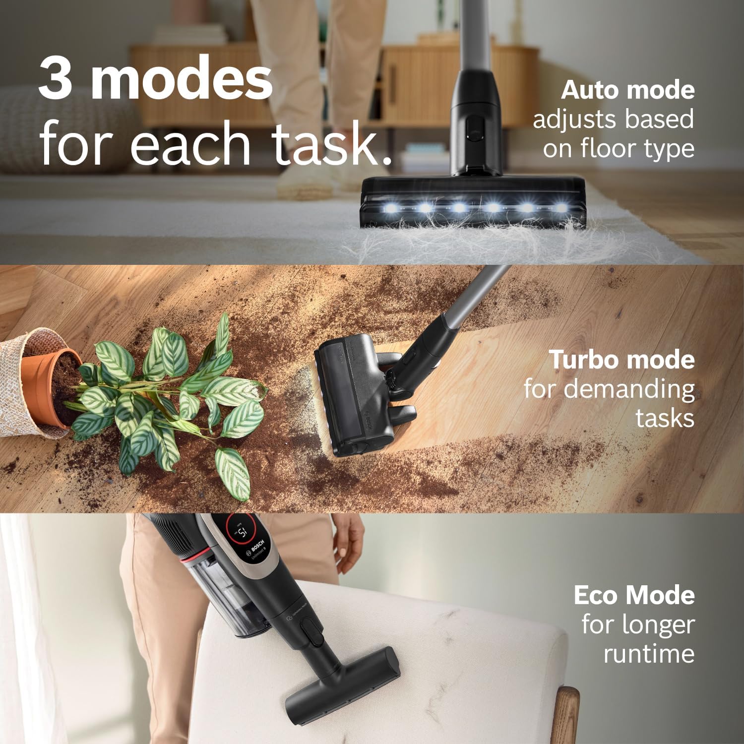 Bosch Unlimited 9 Cordless Stick Vacuum Cleaner - Up to 60 Min Battery, Fast Charger, Multi-Surface, Vacuums Pet Hair, Hard Floors and Carpets, HEPA Filter, 6 Accessories, Dark Cream