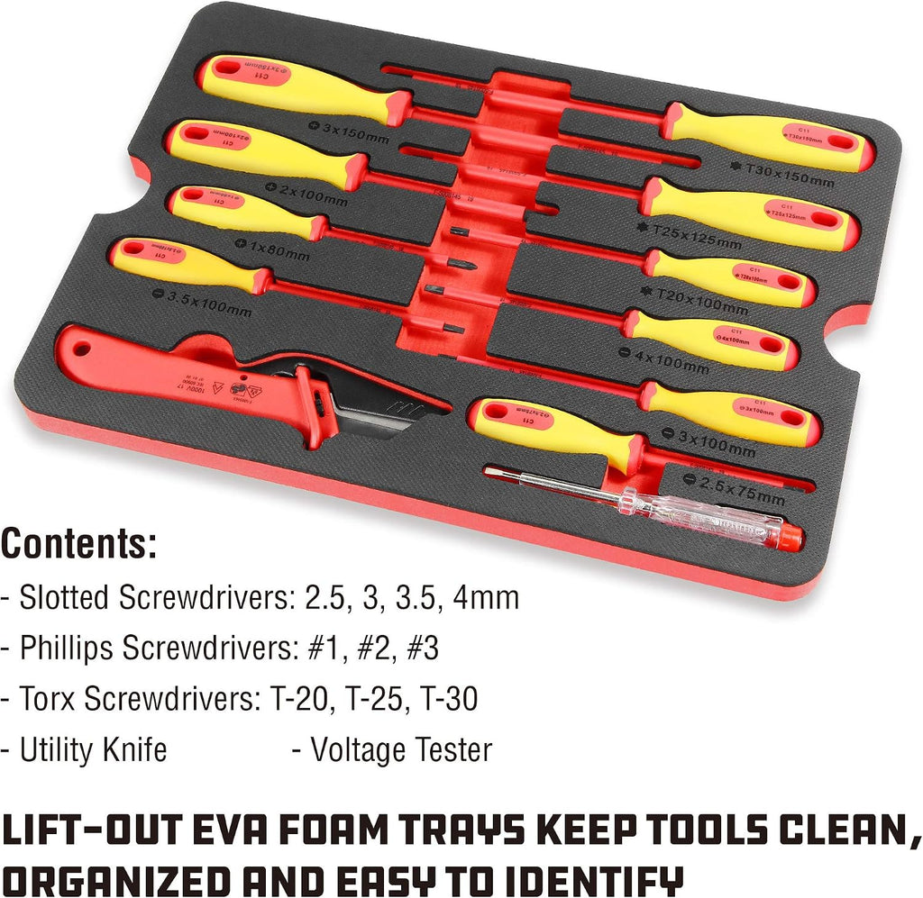 Powerbuilt 50 Pc.1000V Insulated Electricians VDE Tool Set with Waterproof Case, 3/8 in. Dr. Ratchet, 16 Pc. Socket Sizes 10-24mm, 10 Pc. Screwdriver, 6 Pc. Pliers - 240259