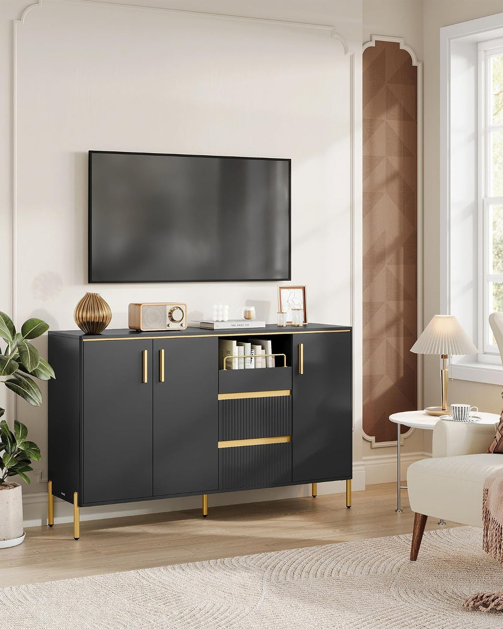 VASAGLE Buffet Cabinet with Storage, Sideboard, Kitchen Cabinet with Drawers, Adjustable Shelf, Fluted Drawer Front, for Living Room, Modern, Ink Black UBBC691B01