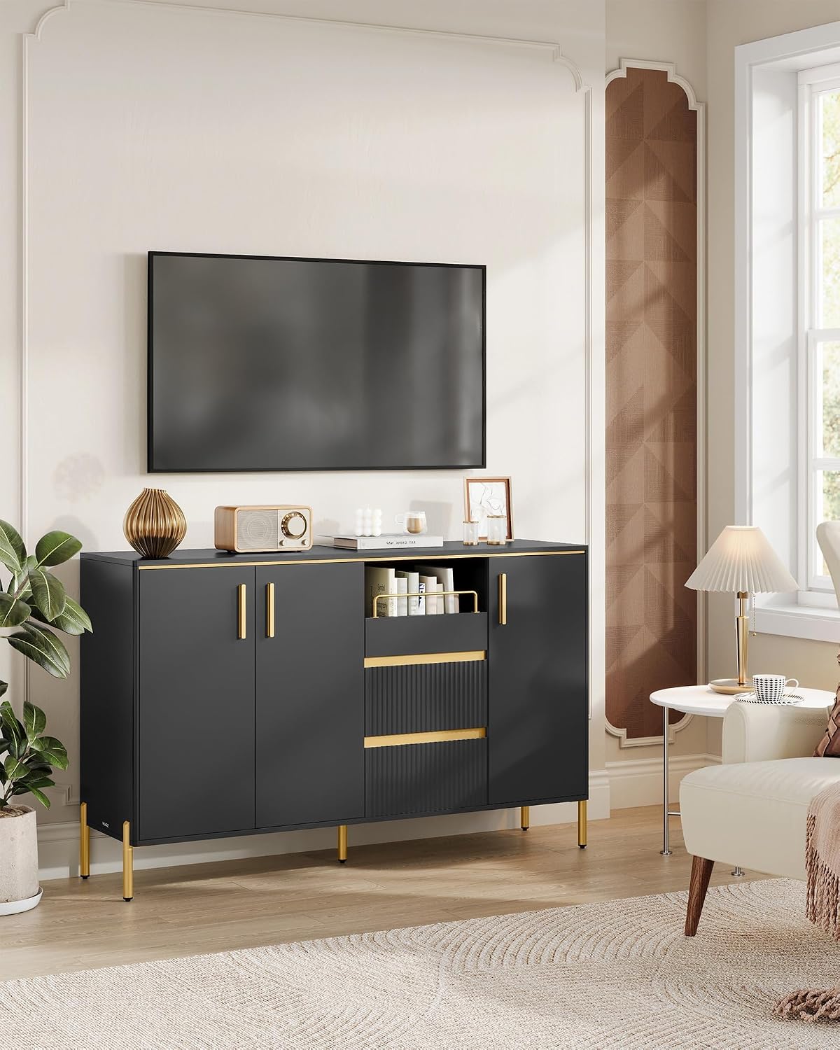 VASAGLE Buffet Cabinet with Storage, Sideboard, Kitchen Cabinet with Drawers, Adjustable Shelf, Fluted Drawer Front, for Living Room, Modern, Ink Black UBBC691B01
