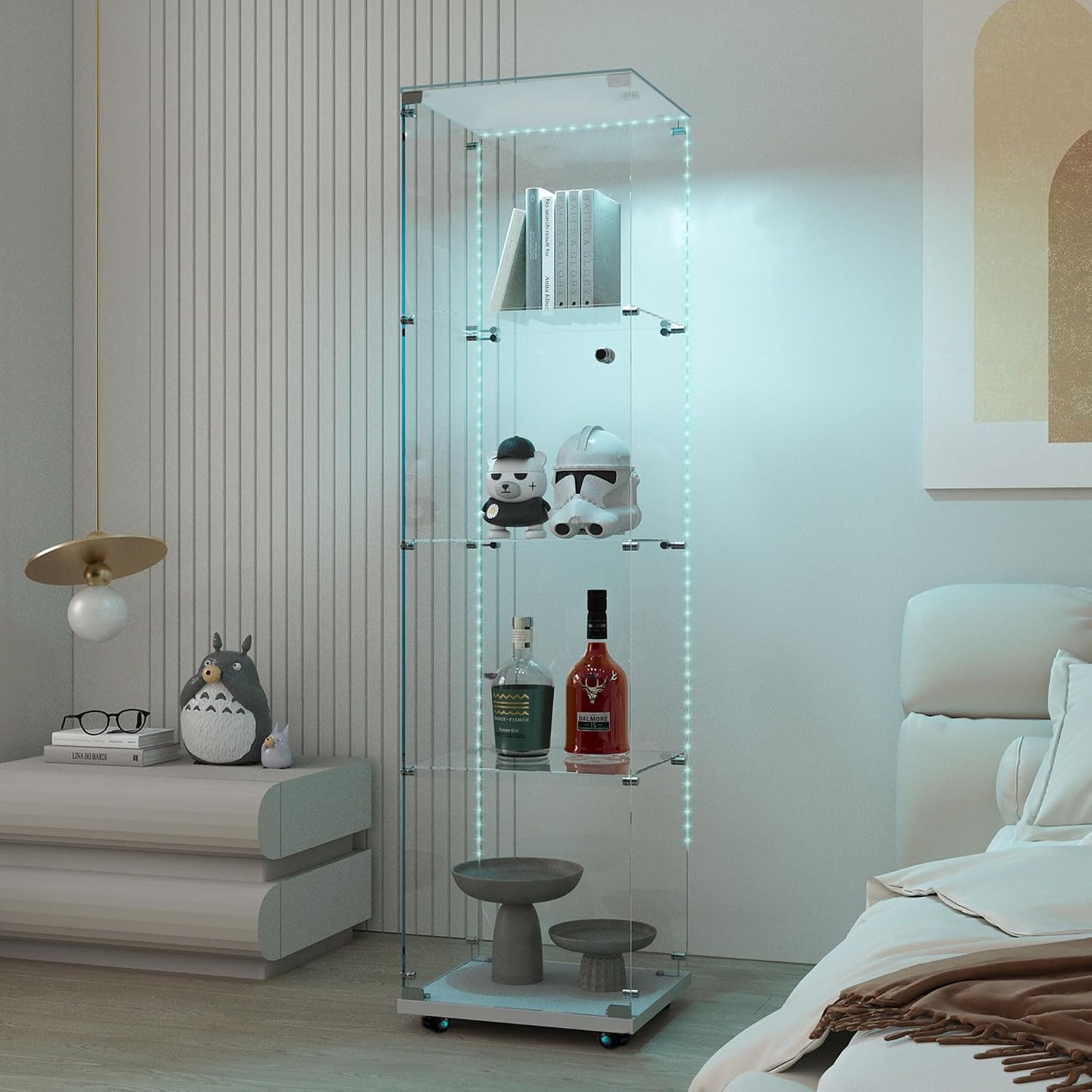 65' Tall Tempered Glass Display Cabinet with LED Lights&Rolling Wheels, Curio Cabinet with 4 Shelves with 1 Door, Quick-Install Style Floor Standing Bookshelf File Cabinet for Living Room Office