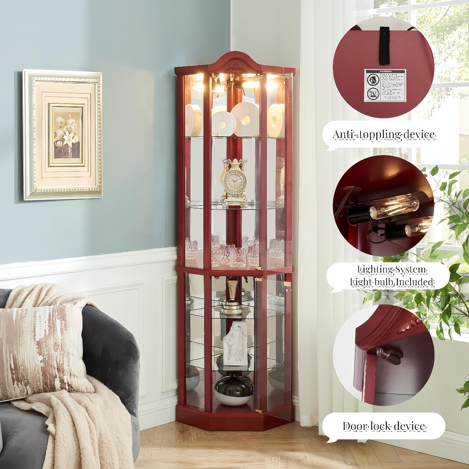 Ball & Cast 72' H Lighted Corner Curio Cabinet with Curved Top Carving,Glass Display Cabinet with 6 Tempered Adjustable Glass Shelves and Doors,Light Bulb Included, Rack for Liquor Storage,Cherry
