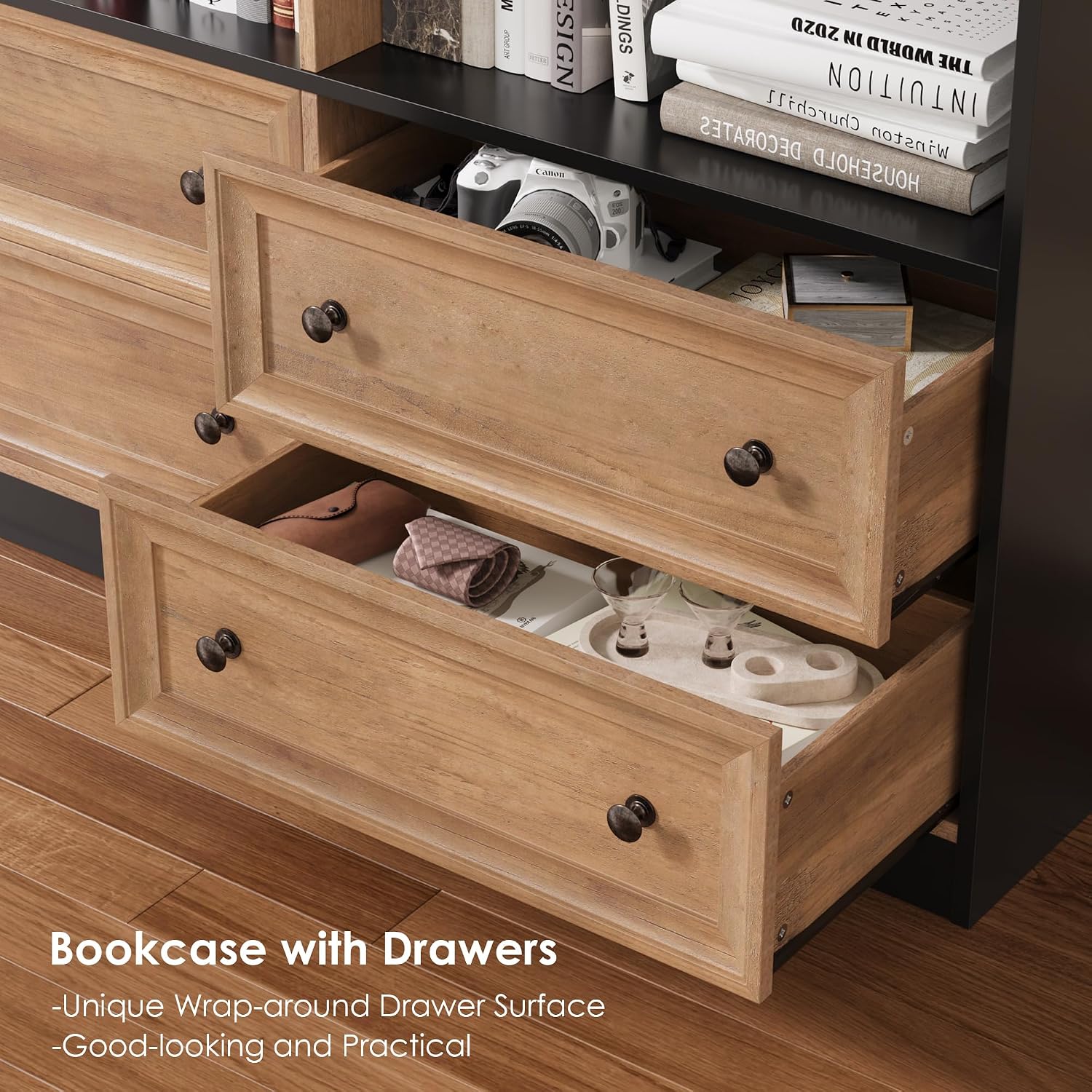 FINETONES 71' Tall Bookshelf with 4 Drawers, 6-Tier Double Wide Bookshelves and Bookcases with Storage, Tall Bookshelf Large Standing Book Cabinet for Home Office, Brown/Black