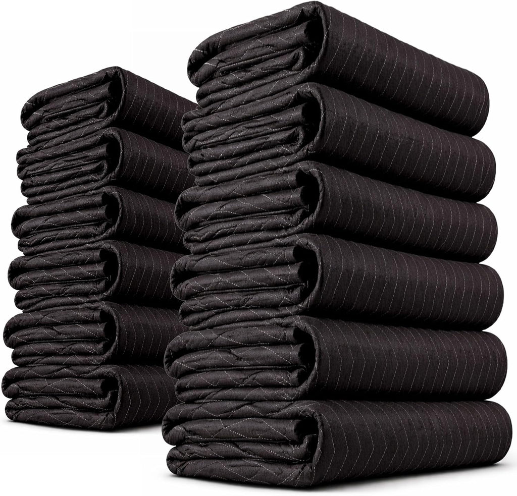 US Cargo Control Moving Blankets 72'x80' 12-Pack, (65 lbs/doz weight), Heavy Duty Packing Blankets for Moving Furniture, Shipping, and Storage, Black Quilted Furniture Pads, MBDELUXE Econo Deluxe