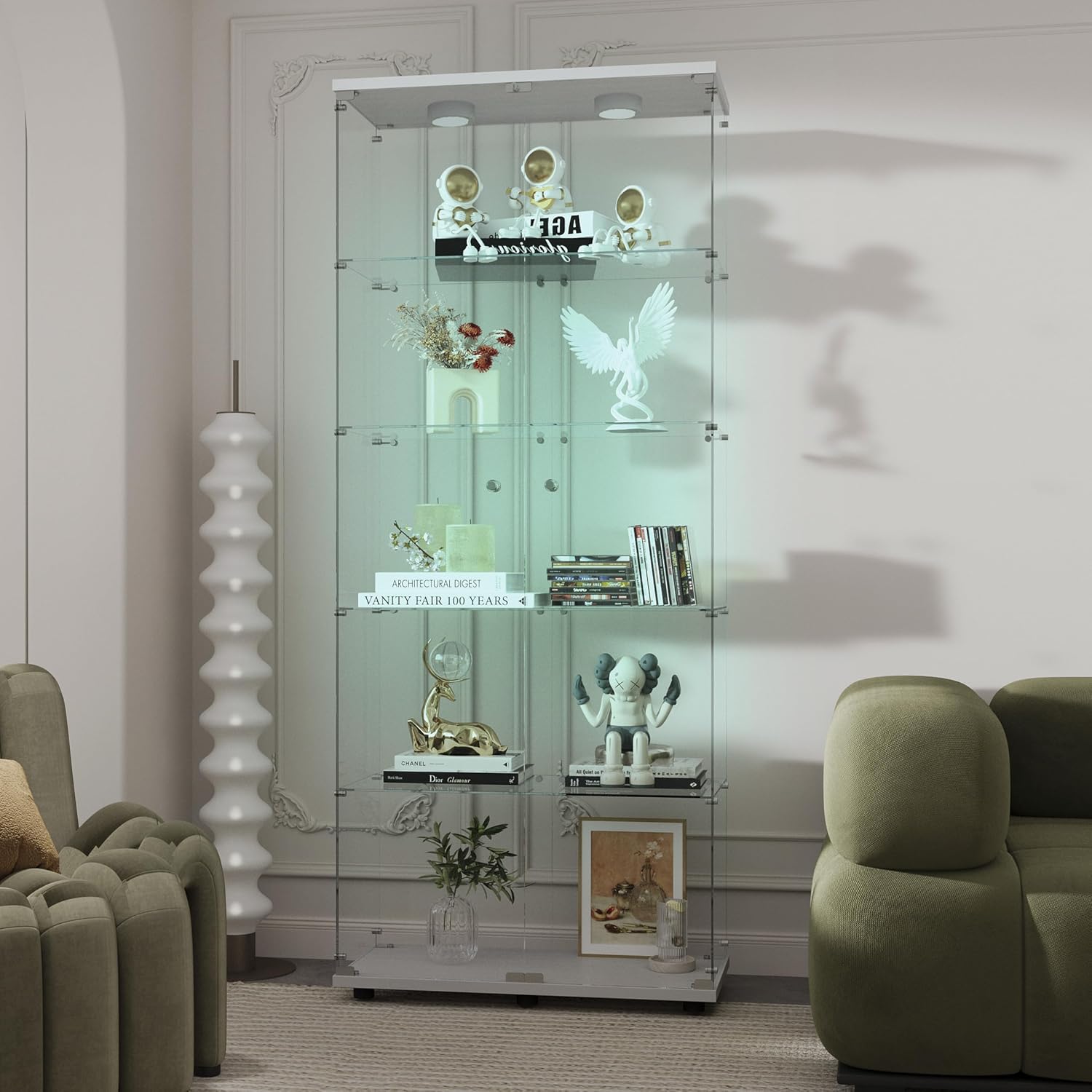 64.69' Tall Tempered Glass Display Cabinet with LED Lights, Curio Cabinet with 5 Shelves with 2 Door, Quick-Install Style Floor Standing Bookshelf File Cabinet for Living Room Office