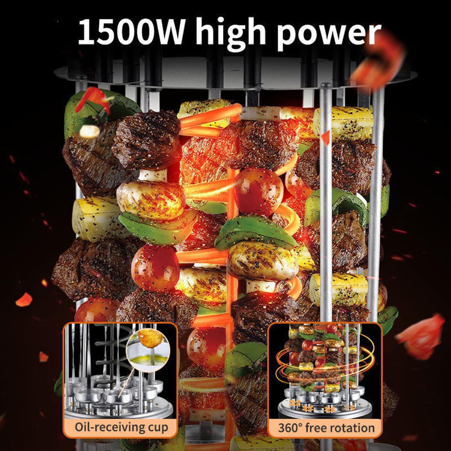 1500W Electric Rotating Vertical Rotisserie Grill, 360° Fully Automatic Barbecue Shawarma Machine, with Oil-Receiving Cup, 8 Grilling Forks, for Kebabs, Skewers and Roasts