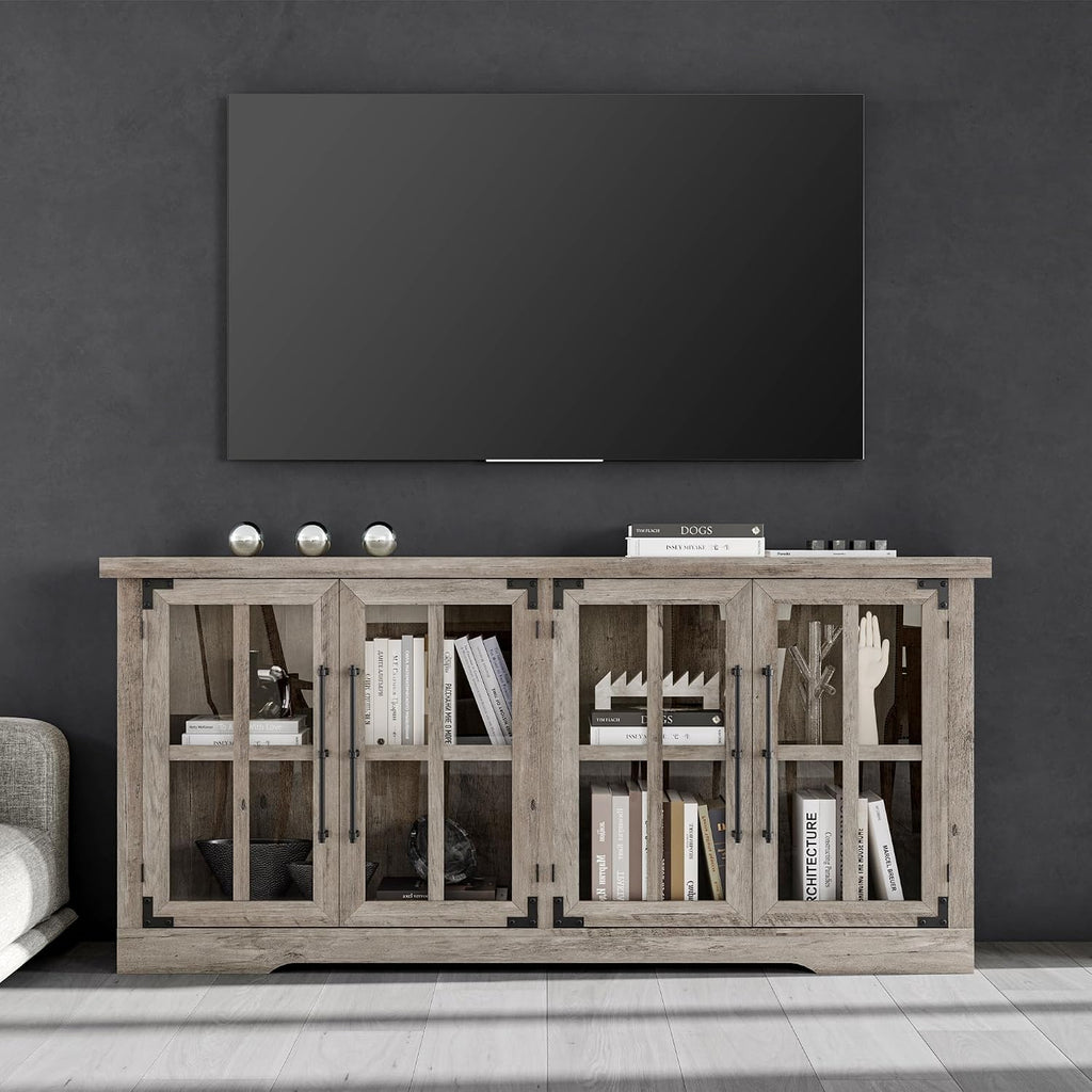 AMERLIFE Farmhouse 63' Buffet Sideboard Cabinet with Glass Door, Large Storage Cabinet with Adjustable Shelf, Wooden Coffee Bar Station for Kitchen, Dinning Room, Rustic Grey