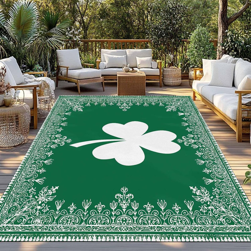 Outdoor Rug 4x6ft Retro St. Patrick's Day Celtic Knots Shamrock Leaves Patio Area Rugs Waterproof Easy Cleaning Non Shedding Thick Mats Green Carpet for Indoor Outdoor Porch Deck Backyard Balcony