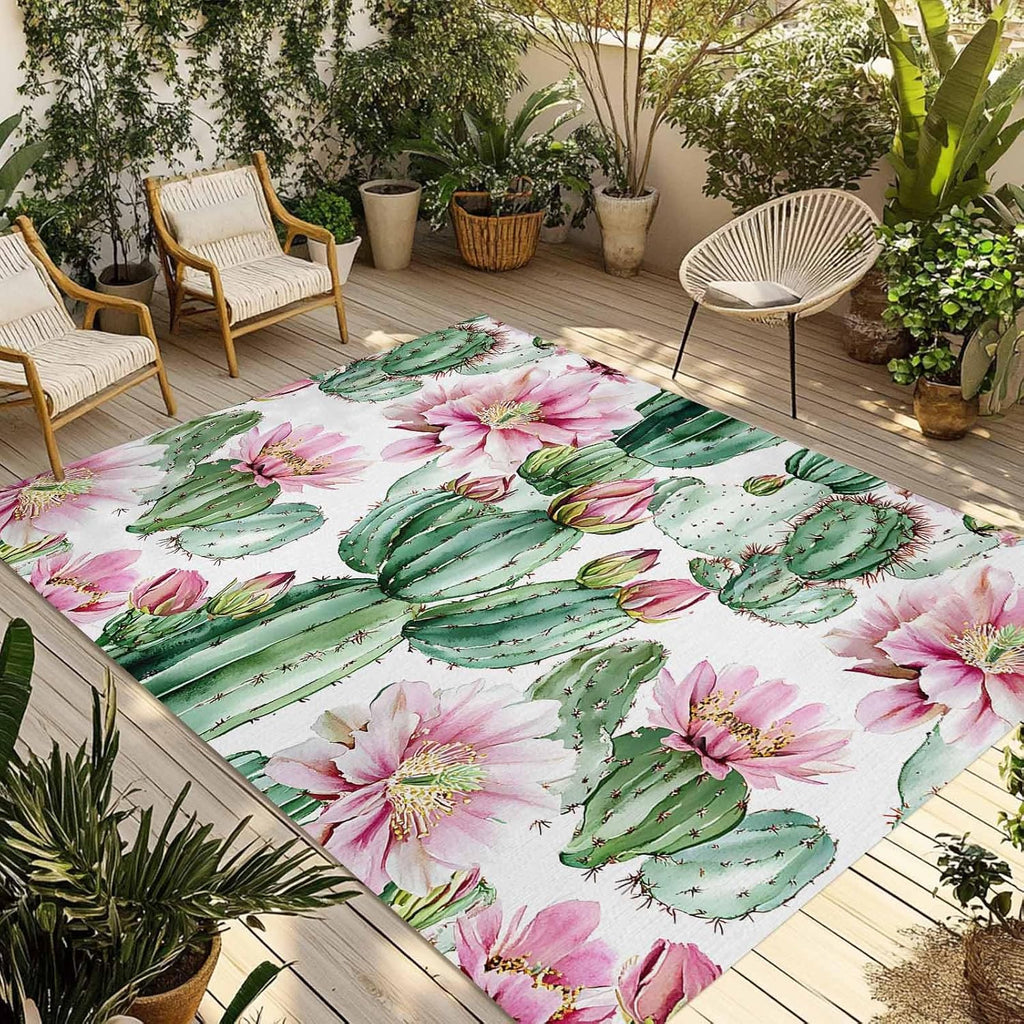 Outdoor Rug 4x6ft Watercolor Pink Flower Green Cactus Patio Area Rugs Waterproof Easy Cleaning Non Shedding Thick Mats Tropical Carpet for Indoor Outdoor Porch Deck Backyard Balcony