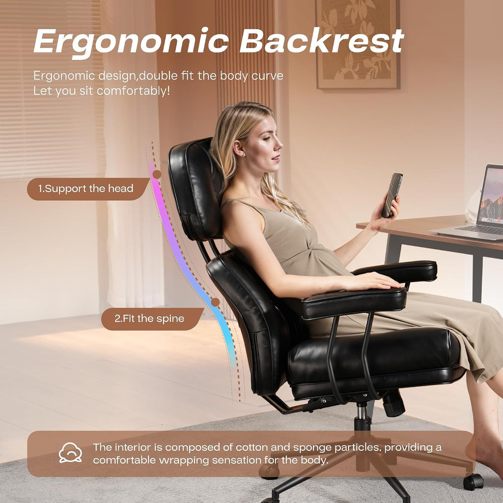 CAODOC Big and Tall Office Chair, 300LBS PU Leather Executive Office Chair Whit Lumbar Support, Managerial Home Desk Chair, Heavy Duty High Back Computer Chair(PU Leather Black)