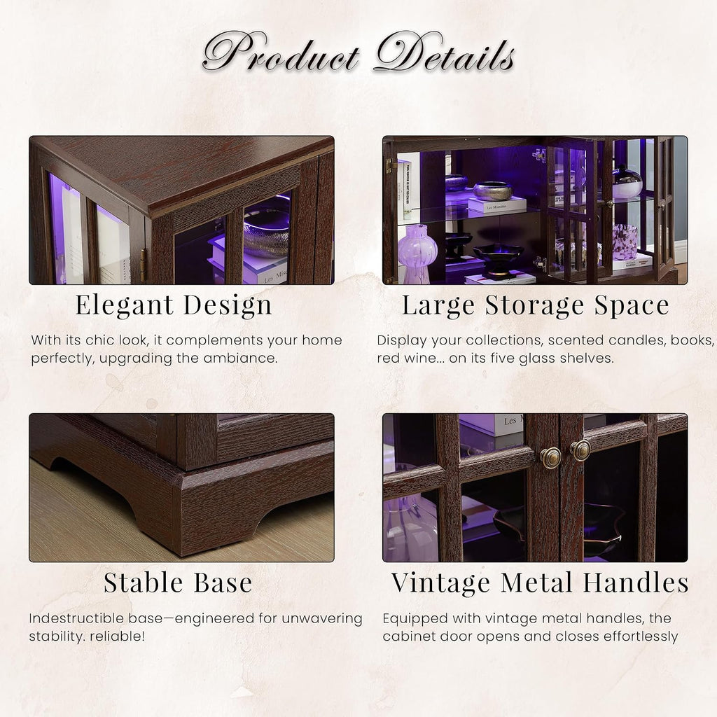 59' W LED Curio Cabinet with 7 Color Lights, Vintage Glass Display Case with Glass Doors, Smartphone-Controlled, Short Wooden China Cabinet with Adjustable Shelves for Entryway(Dark Cherry)