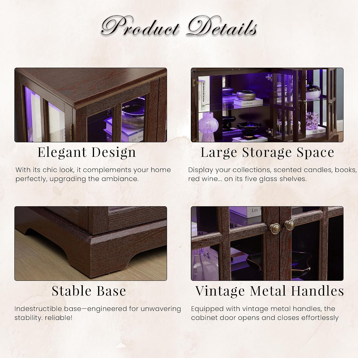 59' W LED Curio Cabinet with 7 Color Lights, Vintage Glass Display Case with Glass Doors, Smartphone-Controlled, Short Wooden China Cabinet with Adjustable Shelves for Entryway(Dark Cherry)