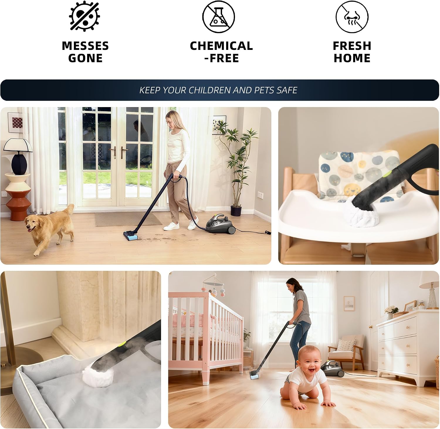 Heavy-Duty Steam Cleaner - 1500W Multipurpose Handheld Floor Steamer with 22 Accessories 16ft Cord for Home, Car Detailing, Tile, Grout, Wallpaper, Upholstery, Window, Deep Cleaning