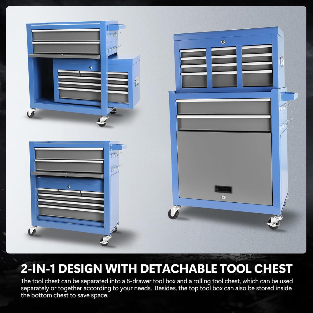 Rolling Tool Chest with Wheels 8 Drawers, Assembled Tool Cabinet Combo with Drawers, Detachable Organizer Tool Chests, Mobile Lockable Tool Box for Workshop Mechanics Garage