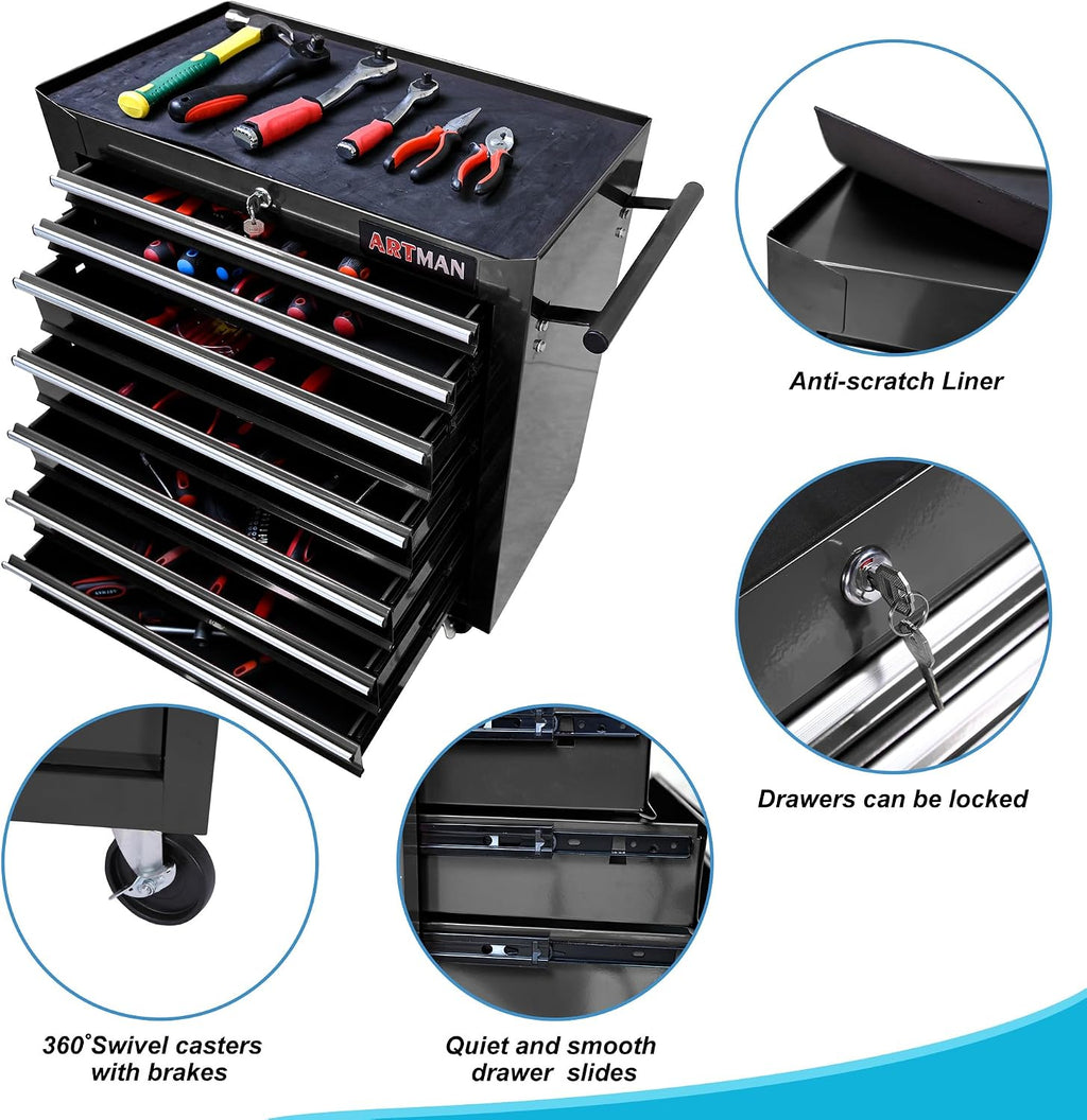 7 Drawers Tool Cart on Wheels, 7 Drawer Rolling Tool Chest with Key Lock, Trolley Organizer Tool Case, Multifunctional Rolling Tool Box for Garage,Warehouse,Workshop,Repair Shop (Black)