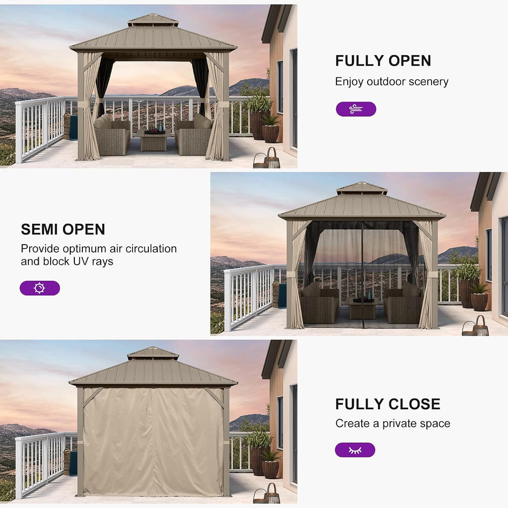 PURPLE LEAF 10' x 10' Hardtop Gazebo, Champagne Outdoor Metal Gazebo with Galvanized Steel Double Roof, Curtains and Netting for Patio Lawn and Garden