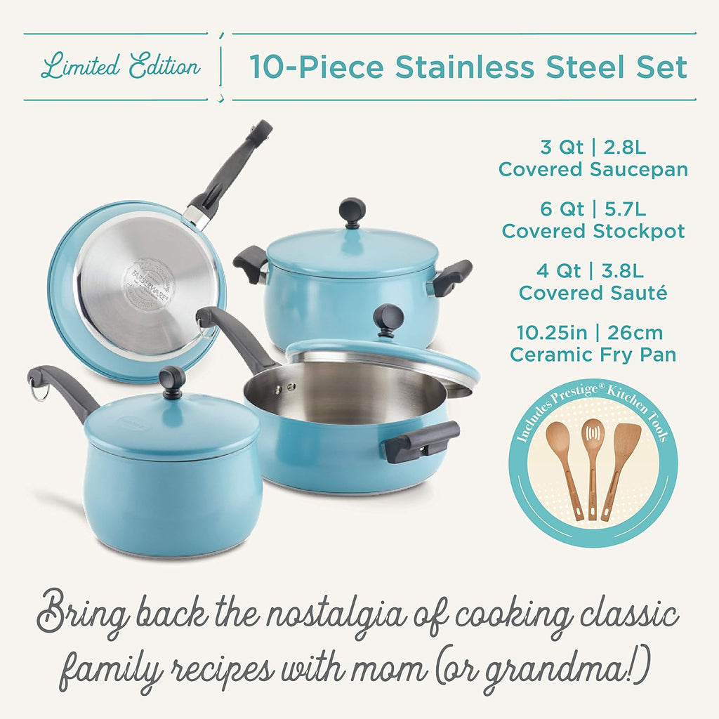 Farberware 120 Limited Edition Stainless Steel Cookware Pots and Pans Set with Prestige Kitchen Tools, 10 Piece, Aqua Blue