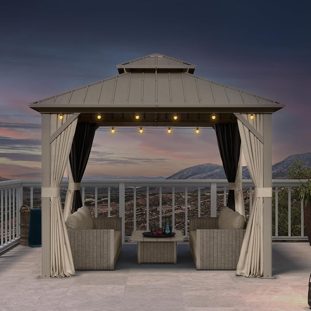 PURPLE LEAF 10' x 10' Hardtop Gazebo, Champagne Outdoor Metal Gazebo with Galvanized Steel Double Roof, Curtains and Netting for Patio Lawn and Garden