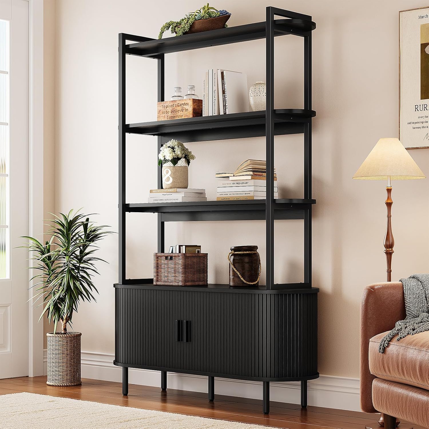 5 Tier Bookshelf with Fluted Cabinet, Tall Bookcase with Sliding Door, Metal and Wood Display Shelf, Free Standing Storage Shelving Unit, Corner Storage Organizer for Living Room, Home Office, Black