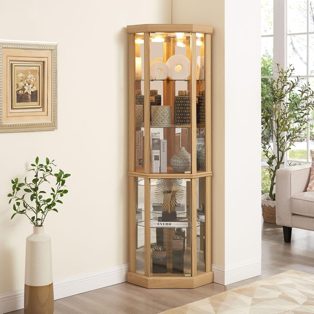 Corner Curio Cabinet, 70' H Lighted Glass Display Cage with Tempered Glass Doors and 5 Adjustable Shelves, Light Bulb Inclued, Wine Bar China Cabinet for Living Room (Light Oak)