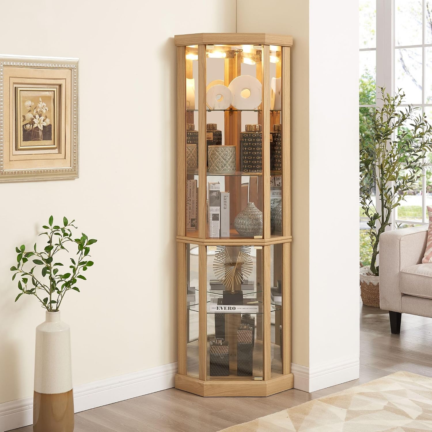 Corner Curio Cabinet, 70' H Lighted Glass Display Cage with Tempered Glass Doors and 5 Adjustable Shelves, Light Bulb Inclued, Wine Bar China Cabinet for Living Room (Light Oak)