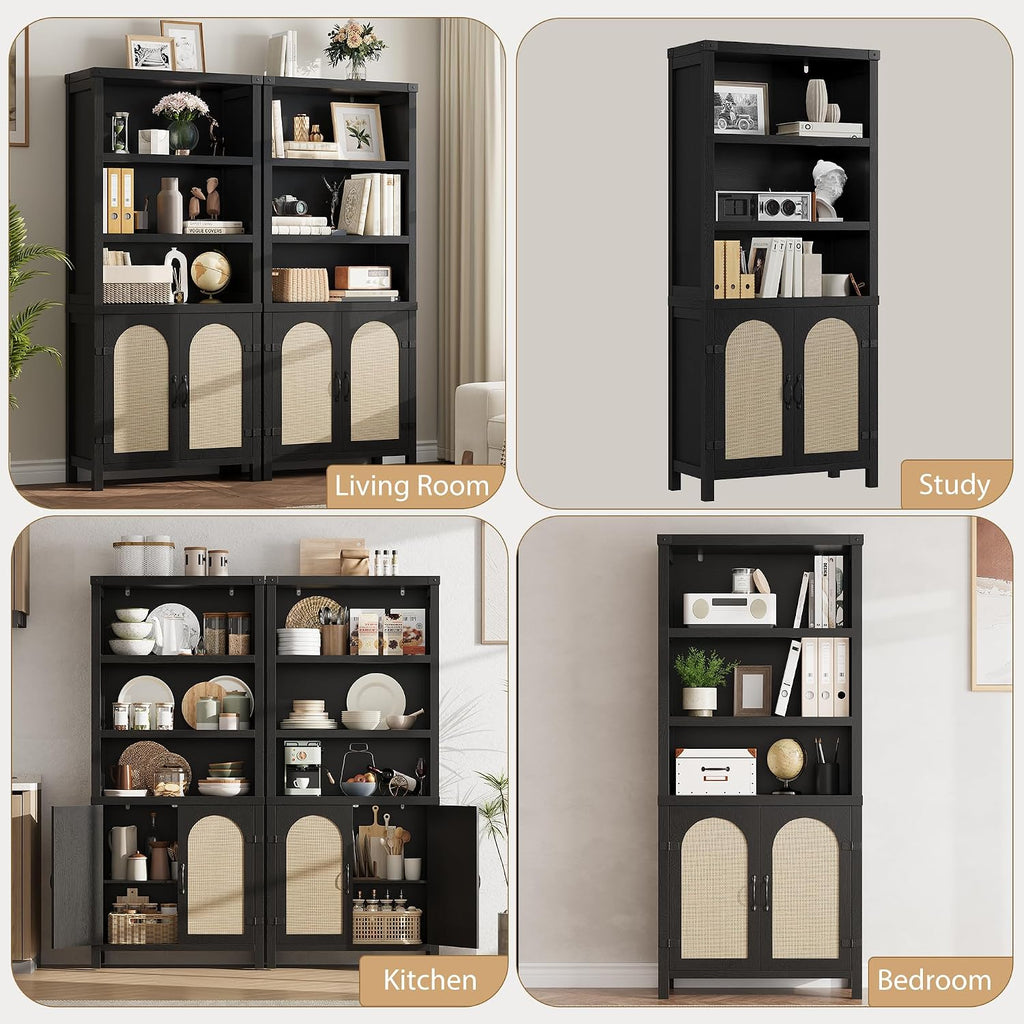 GarveeHome Bookshelf and Bookcase with Doors, 5 Tier Double Wide Large Bookshelves, Open Display Shelves, 70'' Tall Bookshelf with Storage Cabinets for Home Office, Living Room, Library, Black