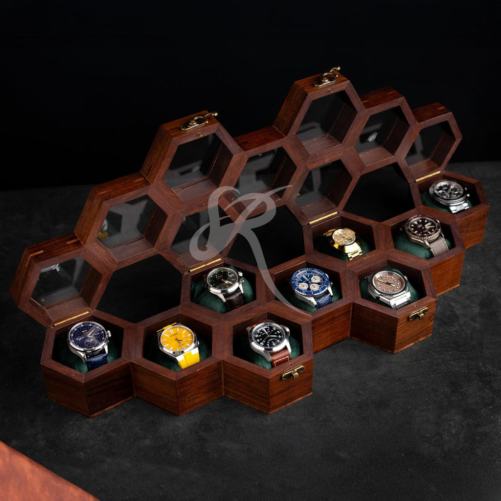 Royal Craft Expertise Honeycomb 9-Slot Wooden Watch Organizer for Men & Women – Handmade Solid Indian Rosewood Watch Display & Storage Box, Mens Watch Display Case, Best Gift for Him.
