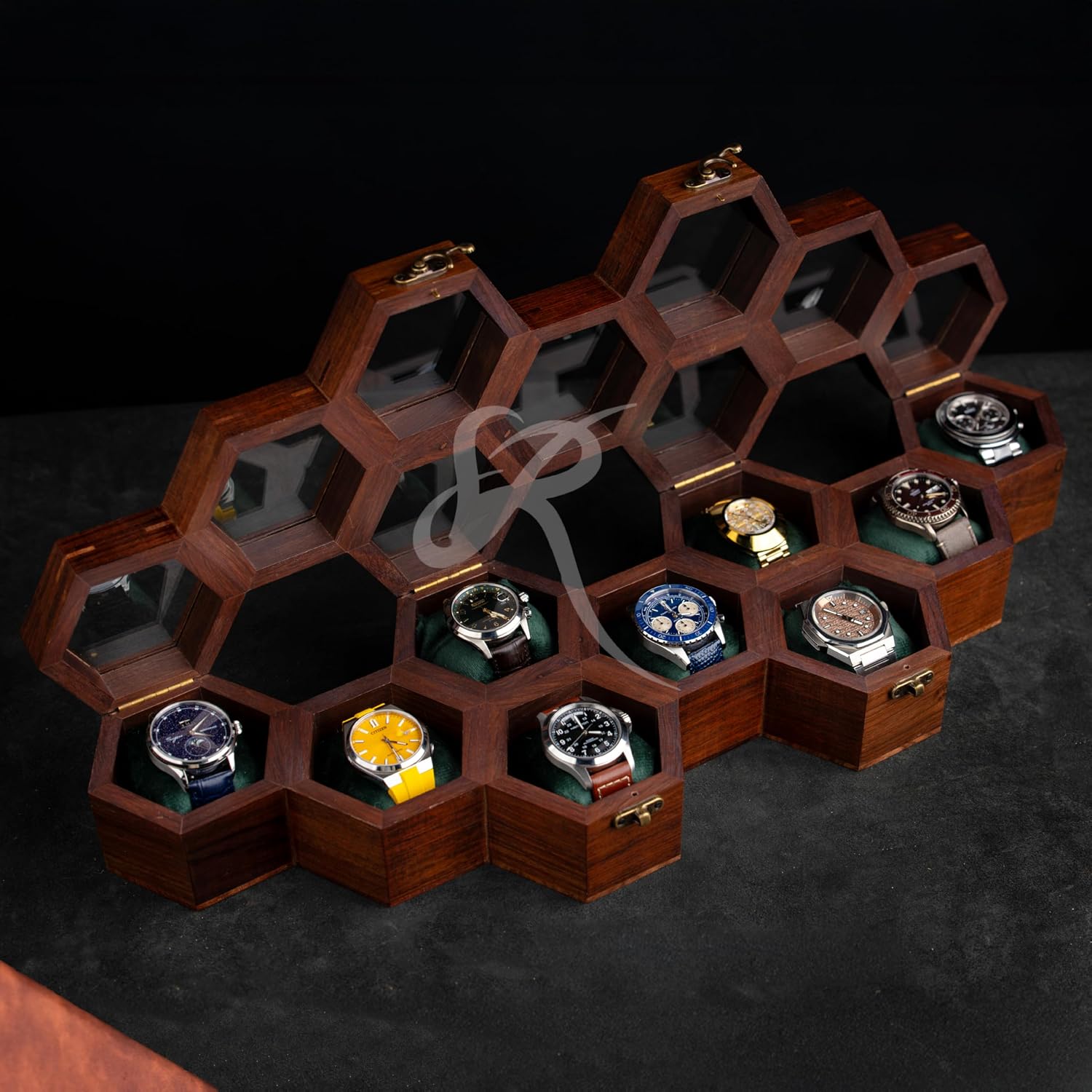 Royal Craft Expertise Honeycomb 9-Slot Wooden Watch Organizer for Men & Women – Handmade Solid Indian Rosewood Watch Display & Storage Box, Mens Watch Display Case, Best Gift for Him.