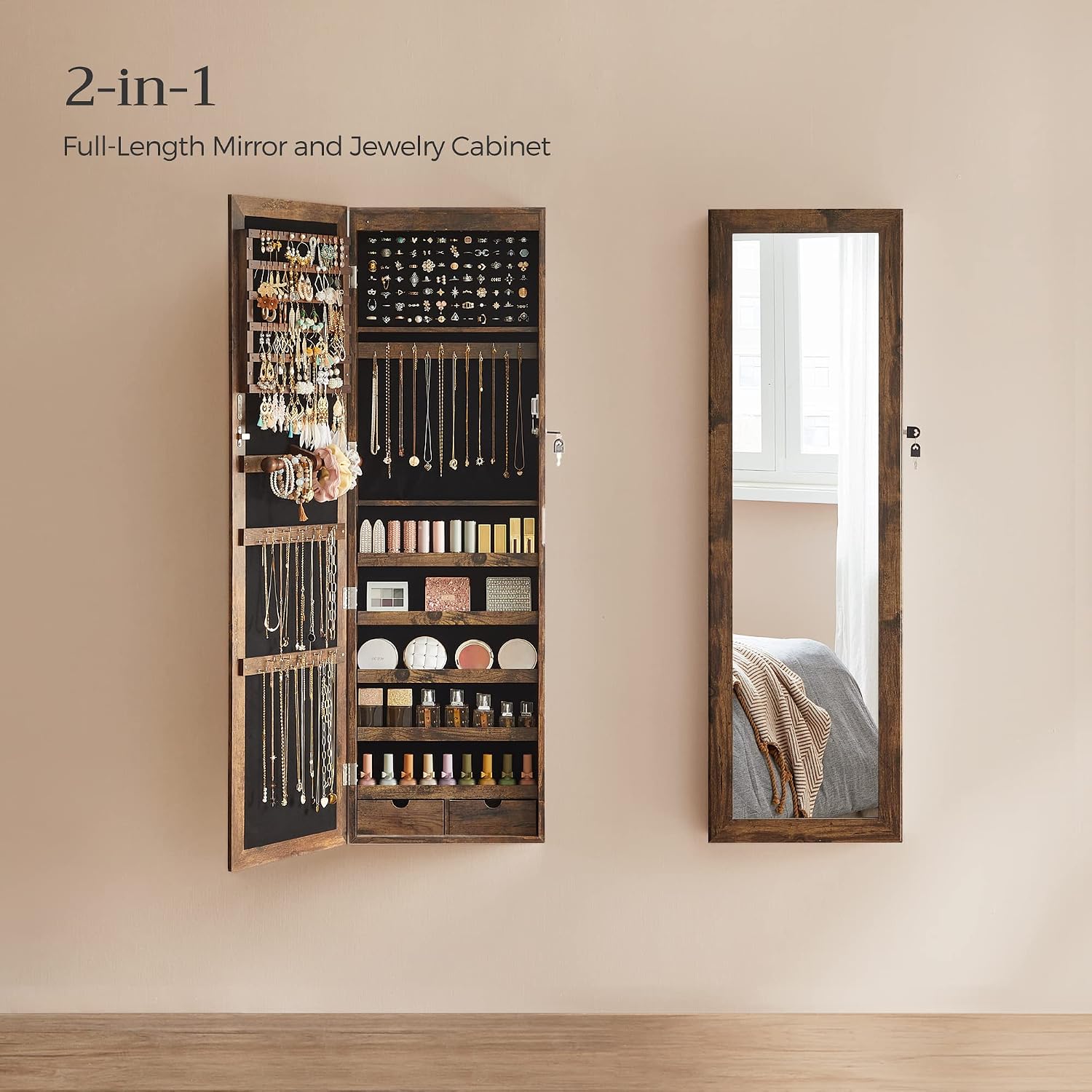 SONGMICS 6 LEDs Mirror Jewelry Cabinet, 47.2-Inch Tall Lockable Wall or Door Mounted Jewelry Armoire Organizer with Mirror, 2 Drawers, 3.9 x 14.6 x 47.2 Inches, Rustic Brown UJJC93CB
