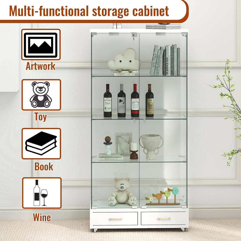 Modern Glass Display Cabinet with LED Light 4-Shelf Curio Cabinets with Storage Drawer and Wheels,Tempered Glass Display Shelf Bookcase for Living Room Home Office