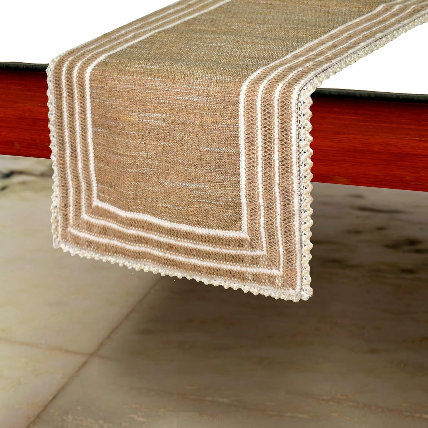 The HomeCentric Decorative Beige 8-10 Seater Table Runner 14 x 120 inch, Lace, Burlap, Moroccan, Boho, Jute, Solid Table Runner for Party, Dining, Outdoor, Kitchen, Contemporary - Jute Table Charm