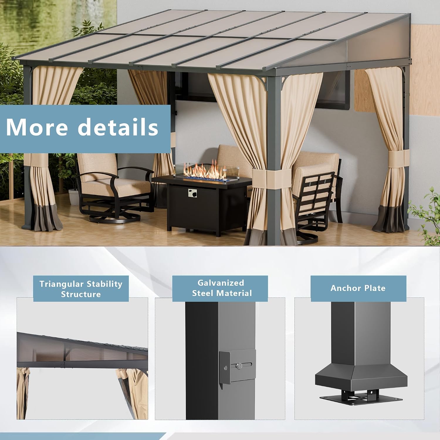 ALAULM 10'x 12' Outdoor Hardtop Pergola,Wall Mounted Lean to Gazebo with Curtains and Netting,Galvanized Metal Frame,Sunshade for Patio, Backyard, Deck and Lawns-Sand