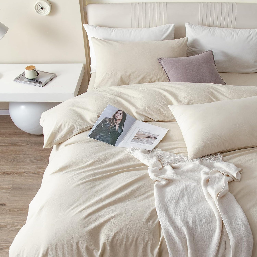 JIYUAN Super King Plus Duvet Cover Set, 3-Piece - 100% Washed Cotton, Linen-Like Soft & Breathable with Zipper Closure, Includes 120x120 Inch Cover & 2 Pillowcases, Heathered Beige