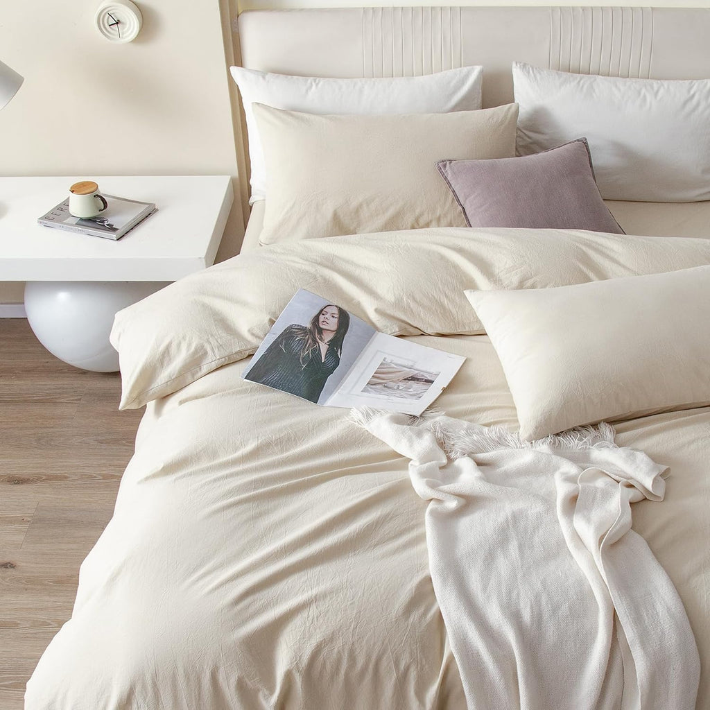 JIYUAN Alaska King Duvet Cover Set, 3-Piece - 100% Washed Cotton, Linen-Like Soft & Breathable with Zipper Closure, Includes 132x120 Inch Cover & 2 Pillowcases, Heathered Beige