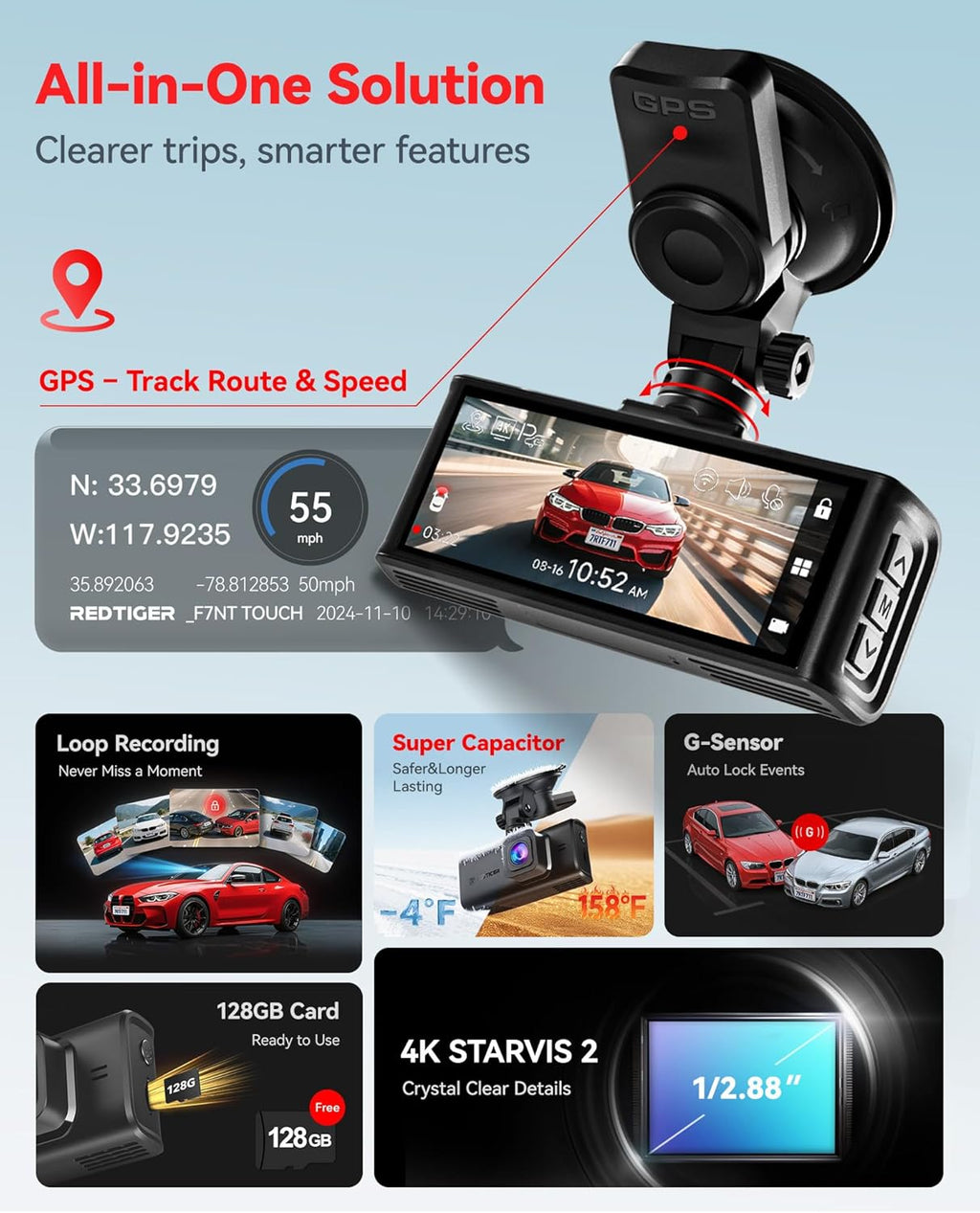 REDTIGER 4K STARVIS 2 Dash Cam Front and Rear, 5GHz WiFi 20MB/s Download, 128GB Card Included, Voice Control, Dash Camera for Cars with 3.18' Touch Screen, GPS, Loop Recording, Parking Mode(F7N Touch)