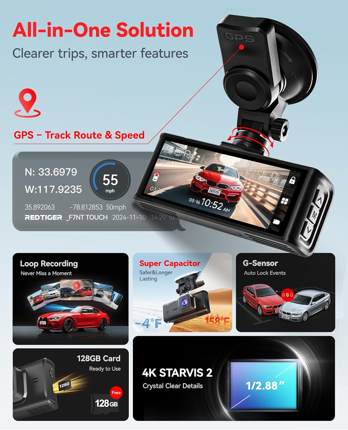 REDTIGER 4K STARVIS 2 Dash Cam Front and Rear, 5GHz WiFi 20MB/s Download, 128GB Card Included, Voice Control, Dash Camera for Cars with 3.18' Touch Screen, GPS, Loop Recording, Parking Mode(F7N Touch)