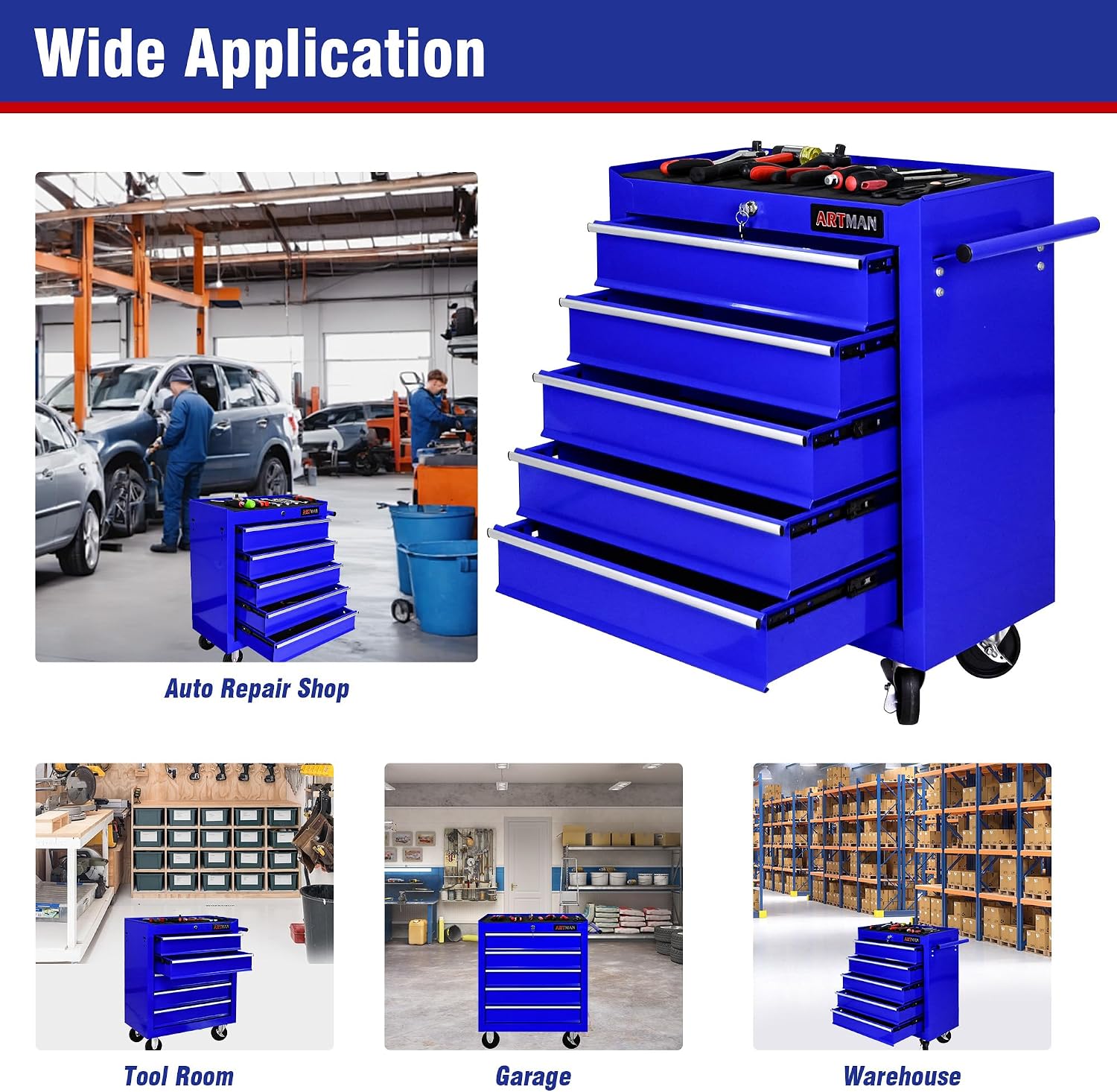 5 Drawers Tool Cart on Wheels, 5 Drawer Rolling Tool Chest with Key Lock, Trolley Organizer Tool Case, Multifunctional Rolling Tool Box for Garage,Warehouse,Workshop,Repair Shop (Blue)