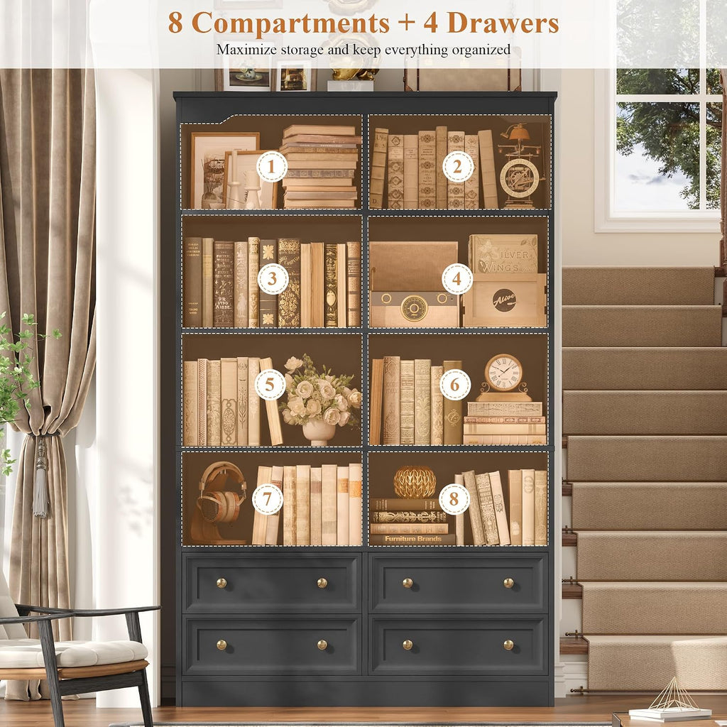 FINETONES 71' Black Bookshelf with 4 Drawers, 6-Tier Double Wide Bookshelves and Bookcases with Storage, Tall Bookshelf Large Open Bookshelves Standing Book Cabinet for Home Office, Black