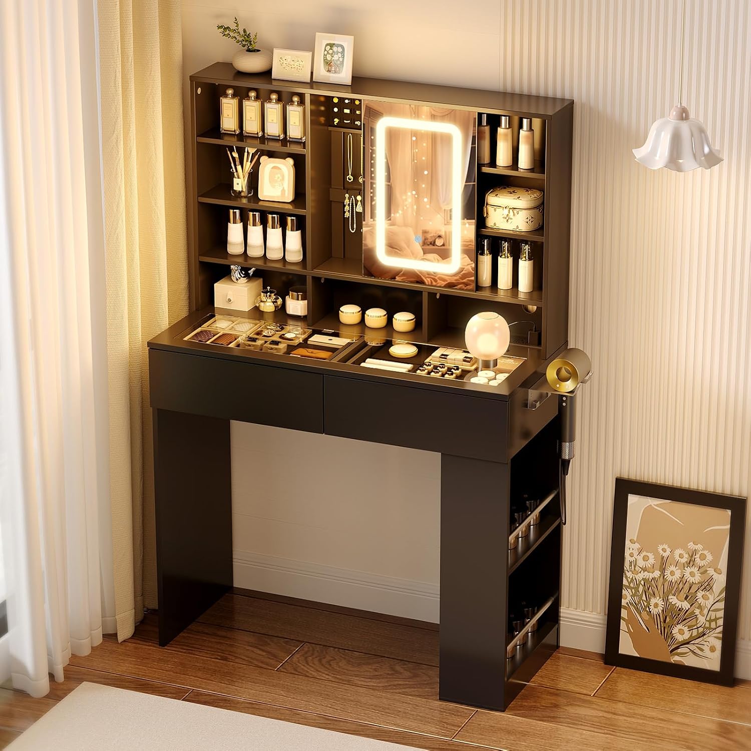 VINGLI Vanity Desk with Sliding Mirror and Lights, Glass Top Makeup Vanity Table w/Shelves & Hidden Jewelry Storage & Power Outlets & Hairdryer Holder,54in Black Dressing Table Gifts Girls