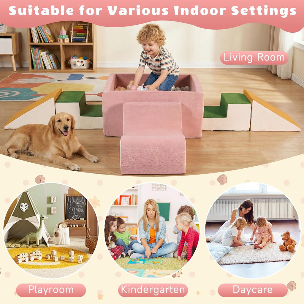 6-Piece Modular 30D High-Density Foam Climbing Blocks for Toddlers 6-24 Months,OEKO-TEX Certified Soft Play Set with Large Ball Pit,Pink Indoor Crawling Toys for Baby Girls (Balls Not Included)