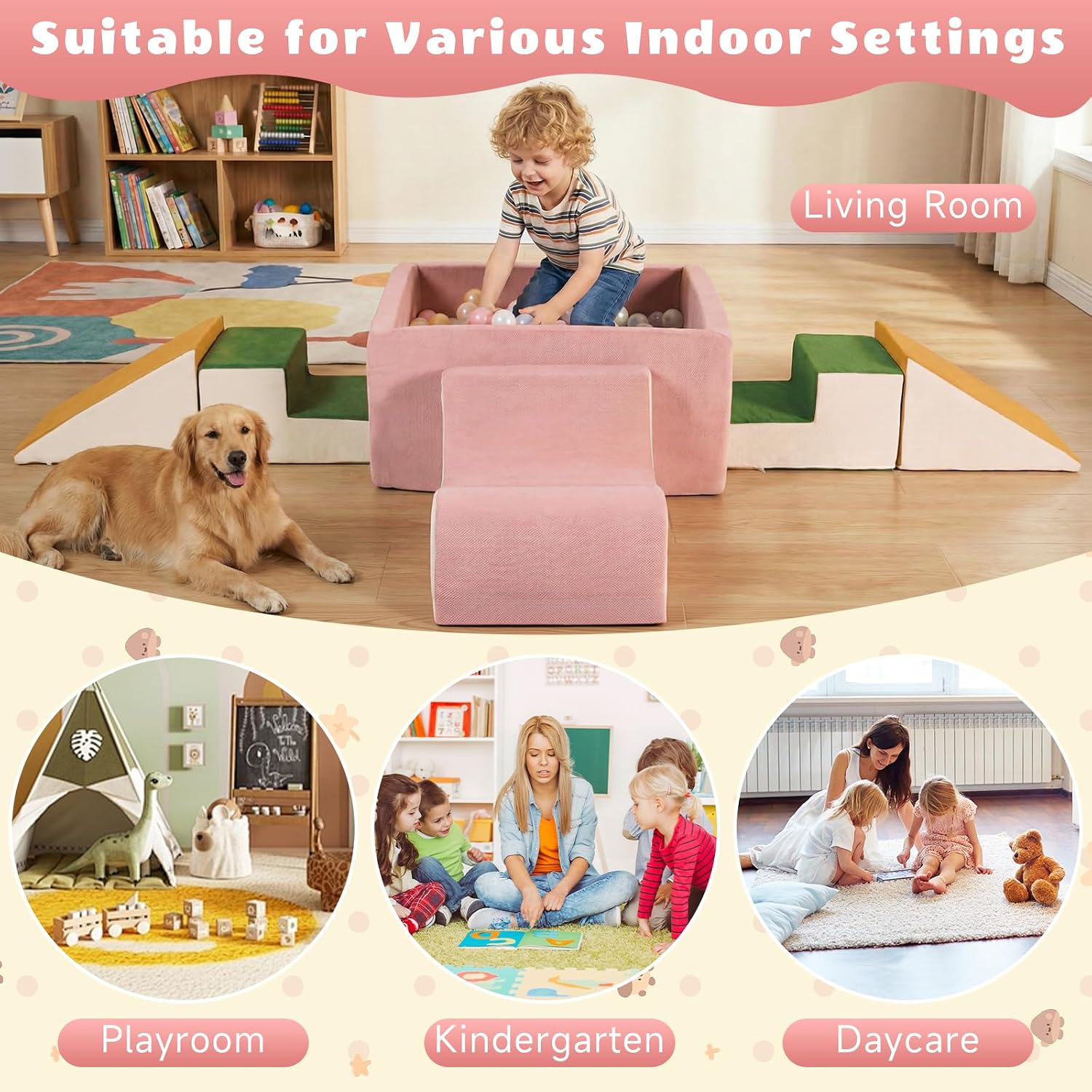 6-Piece Modular 30D High-Density Foam Climbing Blocks for Toddlers 6-24 Months,OEKO-TEX Certified Soft Play Set with Large Ball Pit,Pink Indoor Crawling Toys for Baby Girls (Balls Not Included)