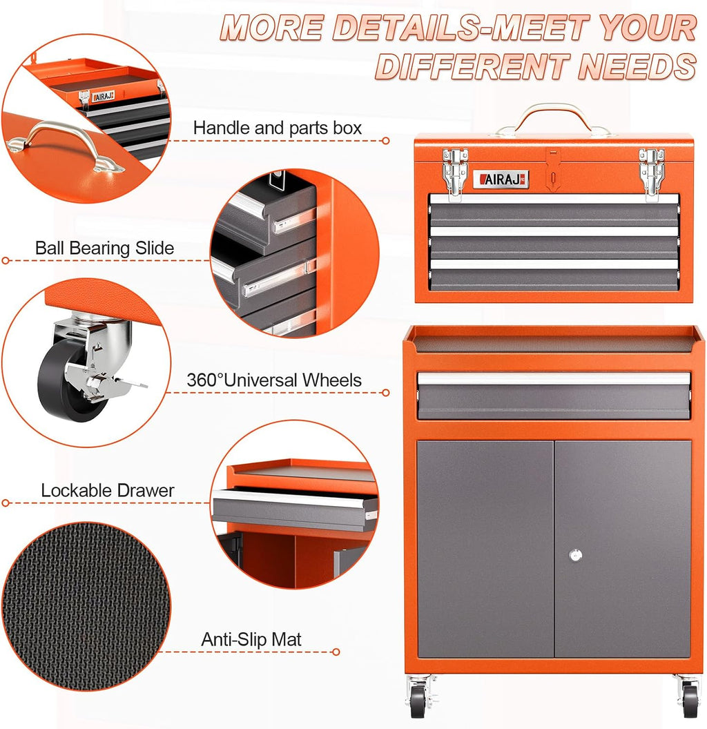 Tool Chest 4 Drawer,Large Rolling Tool Chest with Wheels,Detachable Top Tool Box,Metal Rolling Tool Box with Wheels for Garage Workshop,Orange
