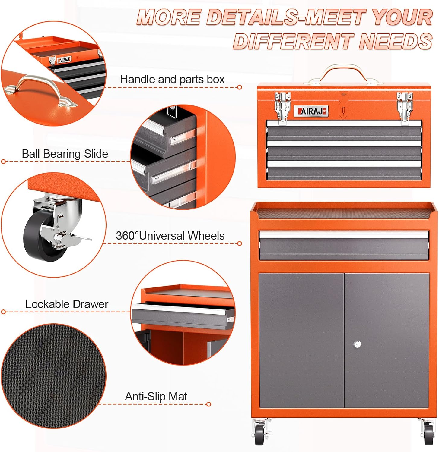 Tool Chest 4 Drawer,Large Rolling Tool Chest with Wheels,Detachable Top Tool Box,Metal Rolling Tool Box with Wheels for Garage Workshop,Orange