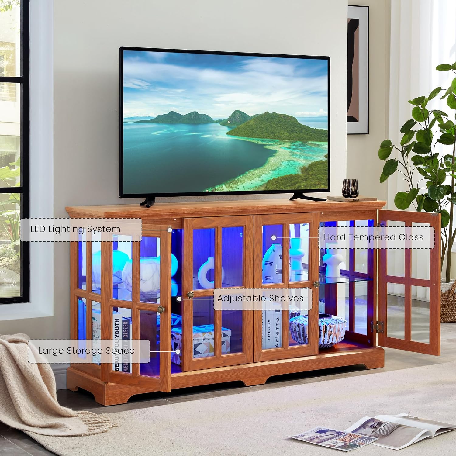 59' W LED Curio Cabinet with 7 Color Lights, Vintage Glass Display Case with Glass Doors, Smartphone-Controlled, Short Wooden China Cabinet with Adjustable Shelves for Living Room, Entryway (Dark Oak)