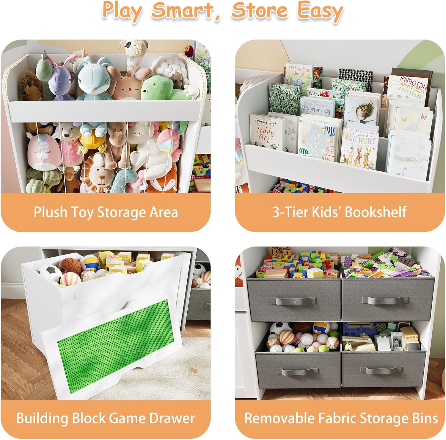 51.1' W Large Toy Storage Organizer with Stuffed Animal Storage, Kids Bookshelf with 4 Removable Toy Bins, Movable Toy Box with Buildable Baseplate Lid for Lego Bricks, Ideal for Kids Room Playroom