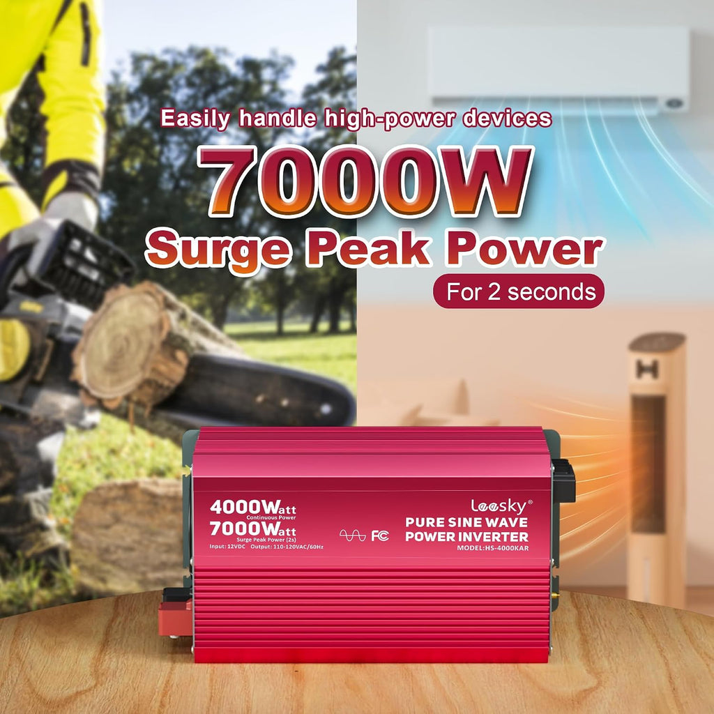 4000 Watt Pure Sine Wave Inverter 12V DC to 110V 120V AC Surge Peak 7000 Watt for 2s Compatible with Lithium Battery, for Home RV Car Off-Grid Solar System Truck Vehicle LEESKY