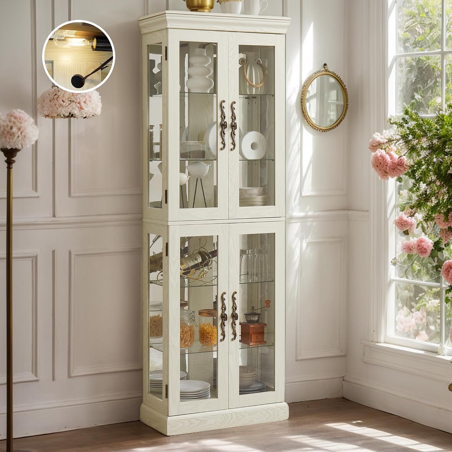 Lighted Curio Cabinet 71' Vintage Glass Display Case with Adjustable Shelves, 4 Tempered Glass Doors, Bulb Included, Wooden Wine Bar China Cabinet for Living Room Liquor Storage (Antique White)
