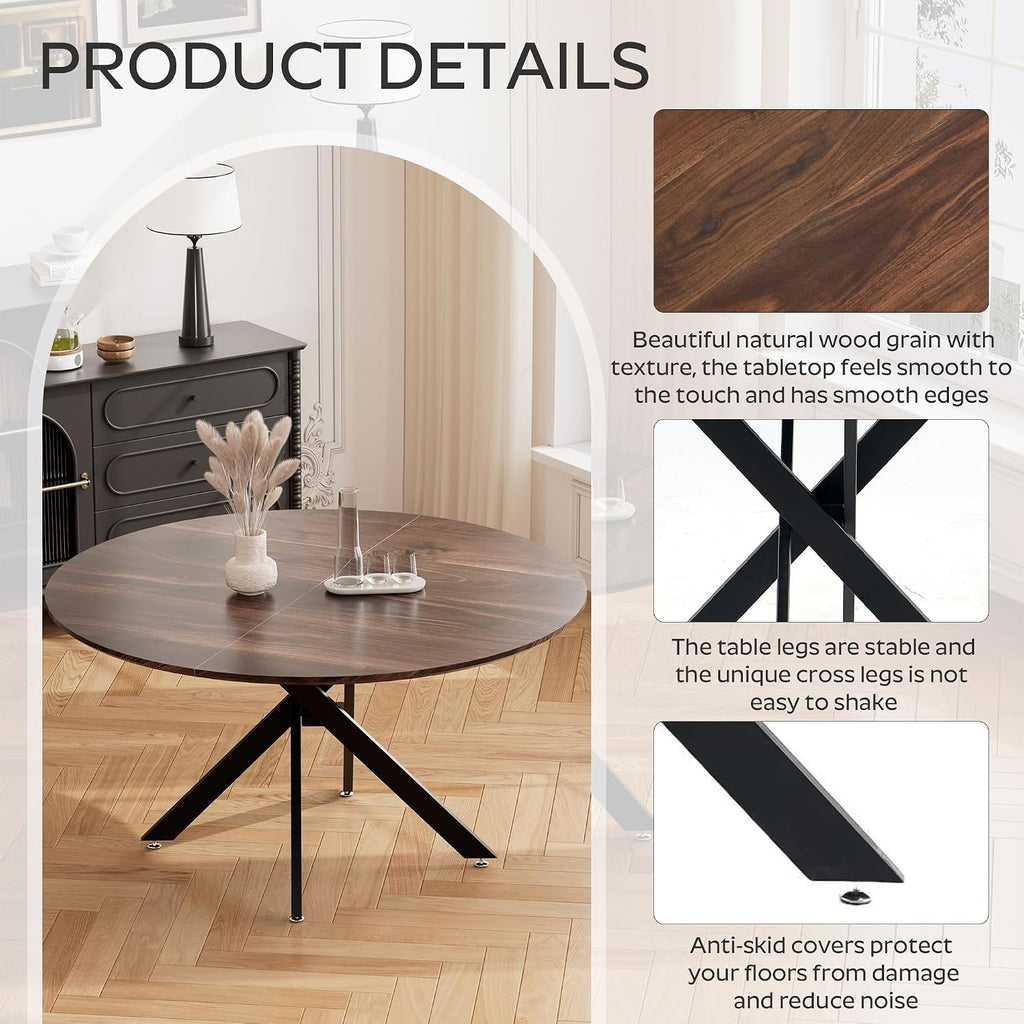 RGZ 47' Round Table Set for 6, 7 PCS Modern Wooden Circle Dining Table for 2-6, Walnut Round Dining Table with Steel Legs & 6 Black Velvet Upholstered Chairs for Dining Room, Living Room, Kitchen